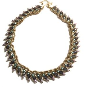 Amethyst, Green and Lavender Czech Glass with Gold color Seed Bead Necklace